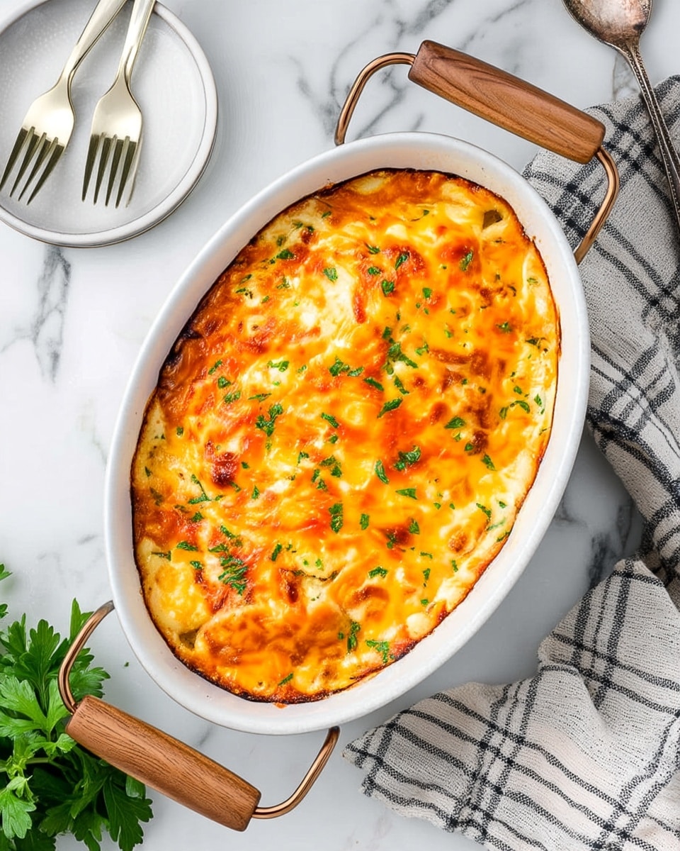 An oval white dish with two wooden handles holds a baked dish with a golden brown top layer of melted cheese that looks bubbly and slightly crispy around the edges. The cheese layer is uneven with patches of light yellow and deeper orange shades. Small green herb bits are scattered on top for color contrast. The dish is set on a white marbled surface, with a white plate and fork on the upper left and a silver spoon on the upper right, partially in view. A black and white striped cloth rests folded on the lower right side and some green parsley is visible in the lower left corner. Photo taken with an iphone --ar 4:5 --v 7