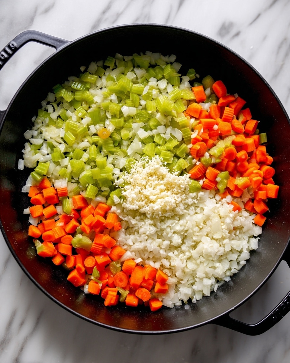 A black pan filled with three main layers of ingredients: the bottom layer is finely chopped white onions, the middle layer has small pieces of bright orange carrot slices scattered evenly, and the top layer shows light green celery chunks mixed throughout. In the center, there is a small pile of finely minced garlic, standing out in white color. The pan is placed on a white marbled surface. Photo taken with an iphone --ar 4:5 --v 7