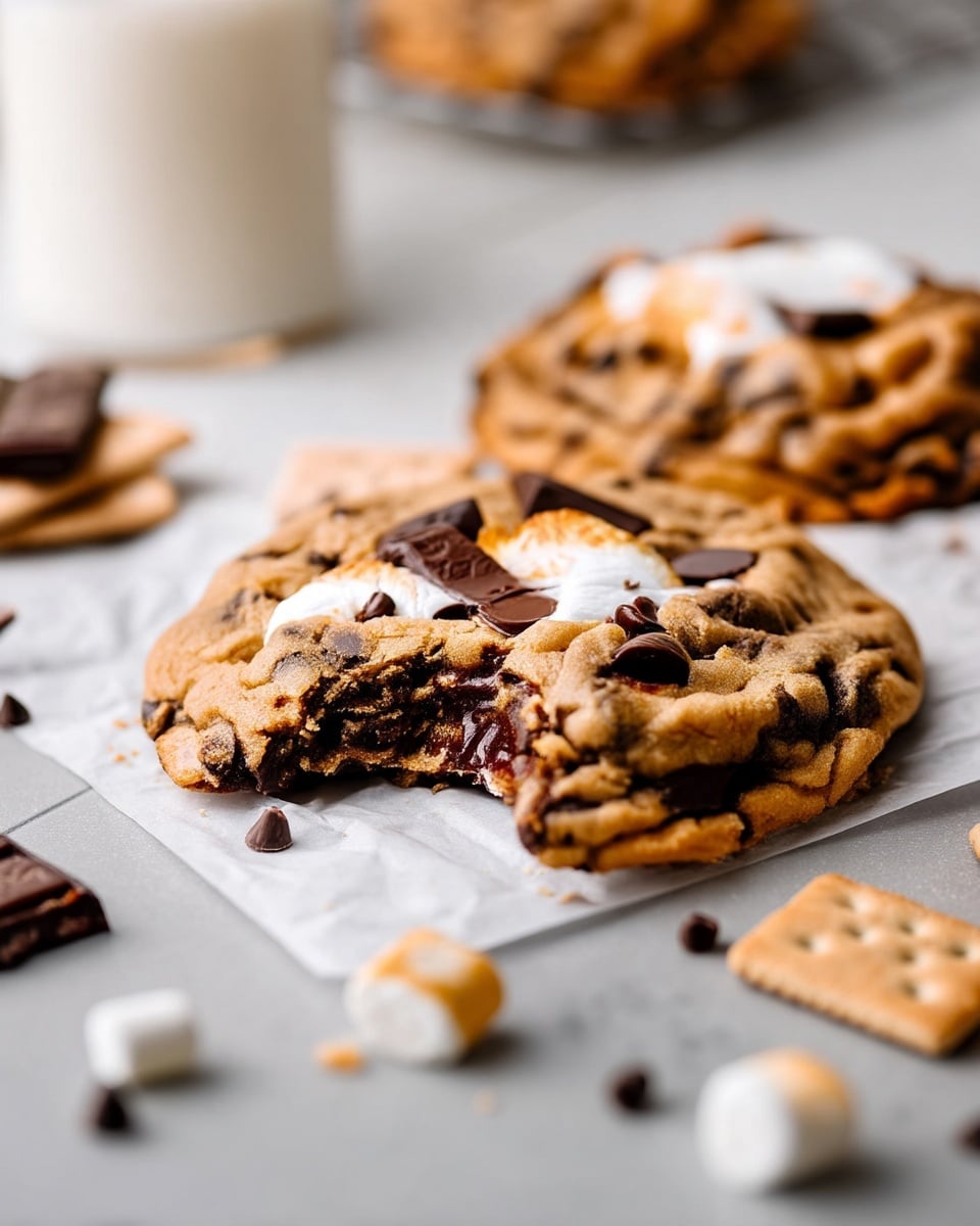 Bakery Style S'mores Cookies Recipe 5 The image shows a close-up of a thick cookie with a bite taken out of it, placed on white parchment paper. The cookie has a golden brown color with visible dark chocolate chips and chunks embedded on top and inside. The top center has some melted white marshmallow and a square piece of dark chocolate. Around the cookie, pieces of broken chocolate and small graham crackers are scattered on a white marbled surface. In the background, there is another cookie, slightly blurred, and a glass bottle of milk that's also out of focus. photo taken with an iphone --ar 4:5 --v 7