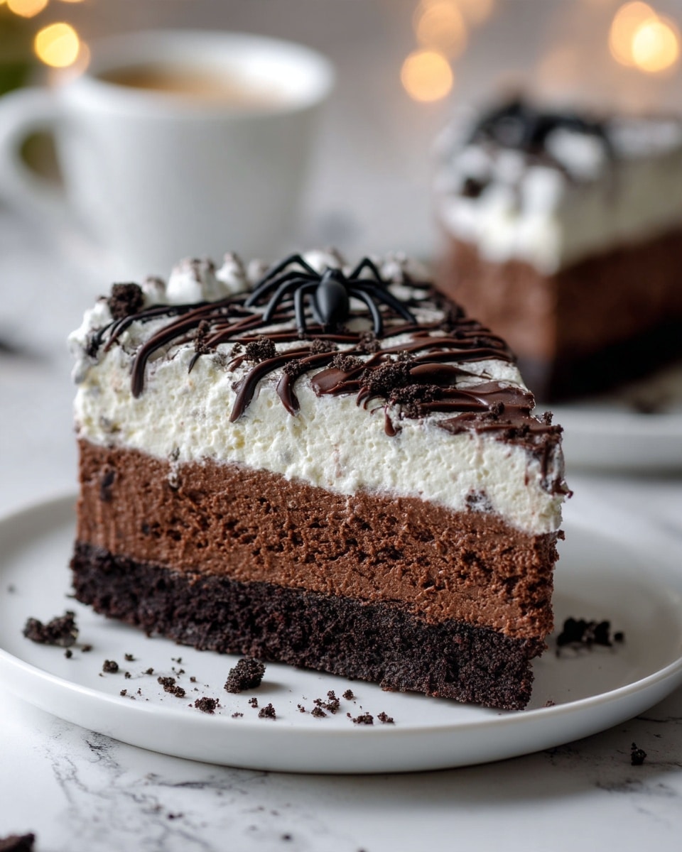 A slice of dark chocolate cake with two thick layers of rich, moist chocolate and a thick top layer of white whipped cream sprinkled with chocolate crumbs sits in the center of a white plate. On top of the whipped cream is a black spider web decoration made of thin lines. Beside the plate, a fork holds a bite of the chocolate cake. In the blurred background, the rest of the cake is on a white plate with a slice missing. Around the scene on a dark surface are small white candy eyes, a black plastic spider, and a white ghost-shaped candy. The surface is a white marbled texture. Photo taken with an iphone --ar 4:5 --v 7