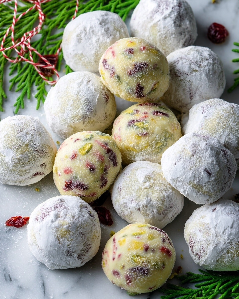 The image shows round powder sugar-covered cookies arranged on a white marbled surface with green pine leaves as decoration. There are about fifteen cookies, mostly coated in a thick white powder with a soft, slightly rough texture, and a few cookies without powder showing a light yellow dough with visible small red and green bits throughout. The cookies vary a bit in size but are generally uniform, sitting closely together. The white powdered cookies have a matte texture while the unpowdered ones look smooth and slightly shiny. The pine leaves add a fresh green contrast with some red strings in the background, creating a festive feel. Photo taken with an iphone --ar 4:5 --v 7