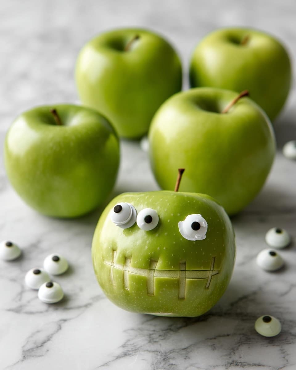 The image shows five green apples on a white marbled surface, with one apple decorated to look like a face. This face apple has two white candy eyes with black centers placed near the top and a stitched mouth carved into the peel with light green lines crossing the horizontal cut, resembling a stitched smile. The other four apples are plain, fresh, and shiny green, surrounding the decorated one. White candy eyes are scattered on the surface around the apples. Photo taken with an iphone --ar 4:5 --v 7