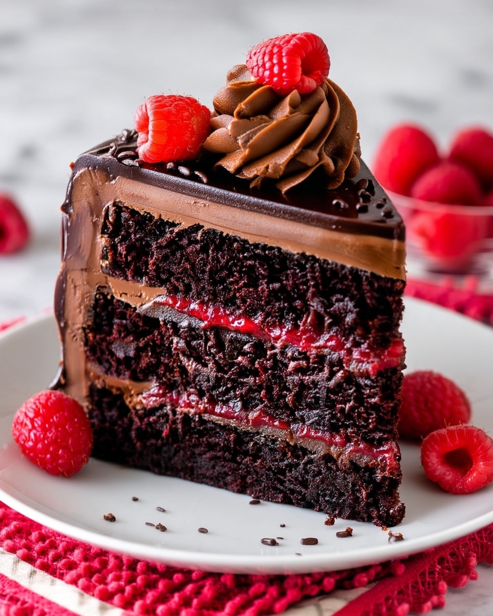 A slice of dark chocolate cake shows three thick layers of moist chocolate sponge, each separated by a thin red raspberry jam layer and a creamy chocolate filling. The outside is covered smoothly with shiny dark chocolate ganache. On top, there is a swirl of rich chocolate frosting decorated with three fresh red raspberries. The slice sits on a white plate with a red textured cloth underneath, all on a white marbled surface. Photo taken with an iphone --ar 4:5 --v 7