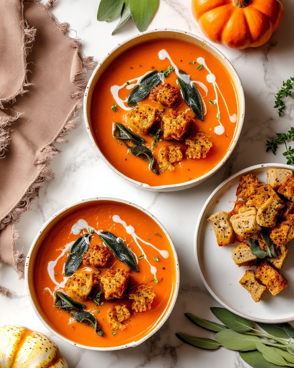 The image shows two bowls of creamy orange soup on a white marbled surface, each filled with smooth soup topped with crispy golden-brown chunks and garnished with dark green sage leaves and a drizzle of white cream. Next to the bowls is a white plate holding more crispy golden-brown chunks piled high, with one piece resting on the marbled surface. The scene also includes small pumpkins and fresh green herbs scattered around, adding a touch of color and texture to the setup, and a beige cloth napkin lies to the left side. The lighting is bright, giving the food a fresh and appetizing look, photo taken with an iphone --ar 4:5 --v 7
