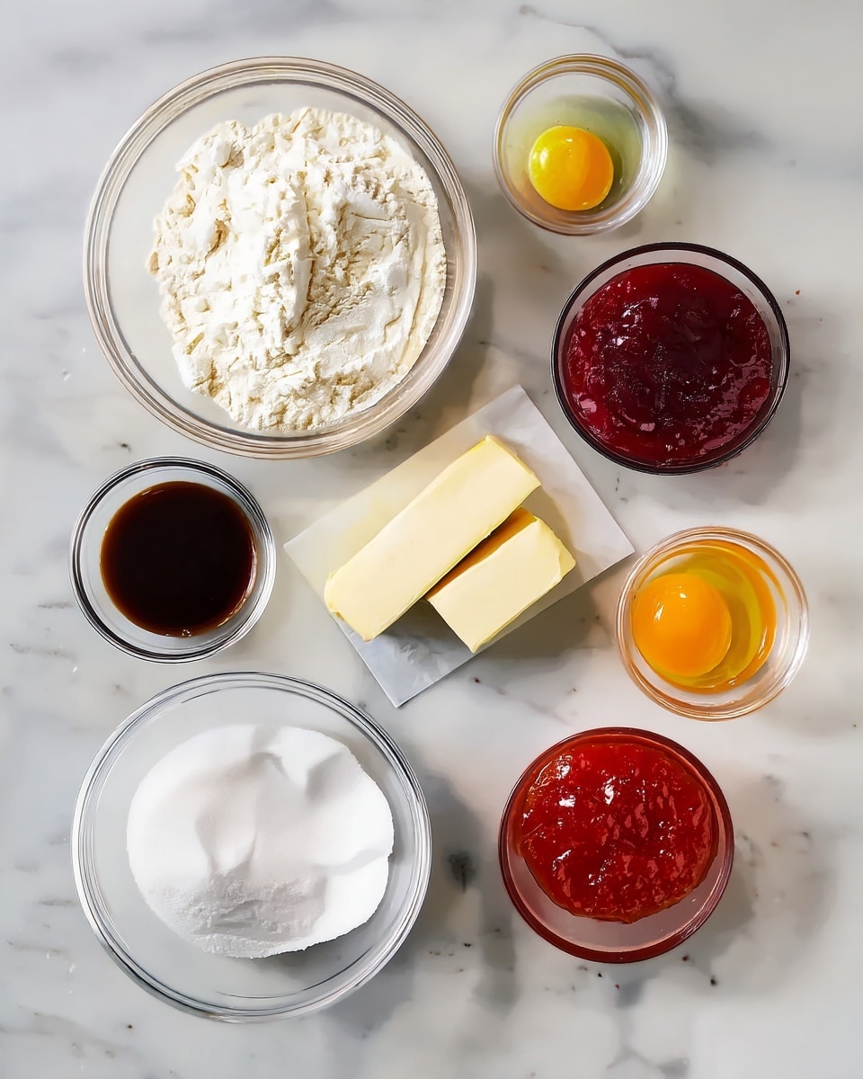 A white marbled surface holds eight small clear glass bowls arranged loosely in a circular shape. At the center is a large bowl filled with white flour that has a soft, powdery texture. To the lower right, a slab of pale yellow butter sits on a small square of white parchment paper, showing a smooth and creamy texture. Below the flour bowl and to the left is a bowl filled with a soft mound of white granulated sugar. Above the sugar bowl is a tiny bowl with dark brown vanilla extract, smooth and shiny inside. Above that is a tiny bowl with a single raw egg yolk, bright yellow and glossy, surrounded by translucent egg white. To the right of the flour bowl are two bowls of jelly-like fruit preserves; one deep red with a bumpy, slightly chunky texture, and the other a bright orangey-red with a smoother but still thick texture. All items are placed neatly on the white marbled surface, evenly spaced. photo taken with an iphone --ar 4:5 --v 7
