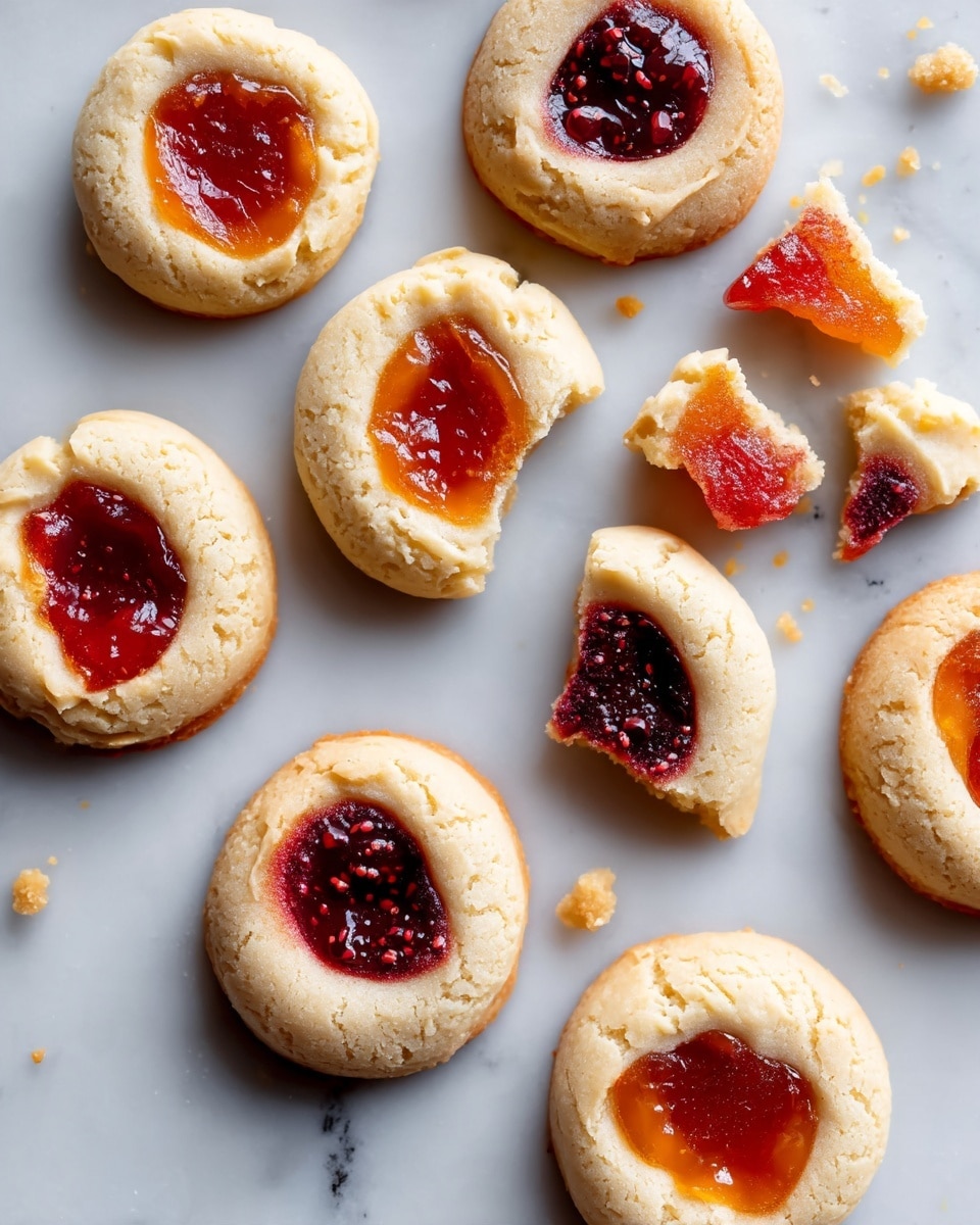 A white marbled surface holds a scattered group of round thumbprint cookies, each with a golden-baked soft edge and a center filled with glossy jam in shades of deep red and bright orange. One cookie is broken into three pieces near the middle, showing its tender texture with crumbs around it. The cookies are spaced irregularly, highlighting their round shapes and colorful jam spots that contrast with their light dough and the white marble below. photo taken with an iphone --ar 4:5 --v 7