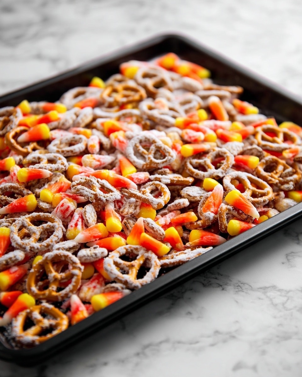 The image shows a thick layer of snack mix spread out on a black baking tray. The mix has several layers of small twisted pretzels that are deep golden brown and crunchy in texture, mixed with pieces of candy corn that are orange, yellow, and white. The entire mix is coated with a snowy white powder that looks light and rough, covering each piece evenly. The tray rests on a white marbled surface, bright and clean. photo taken with an iphone --ar 4:5 --v 7