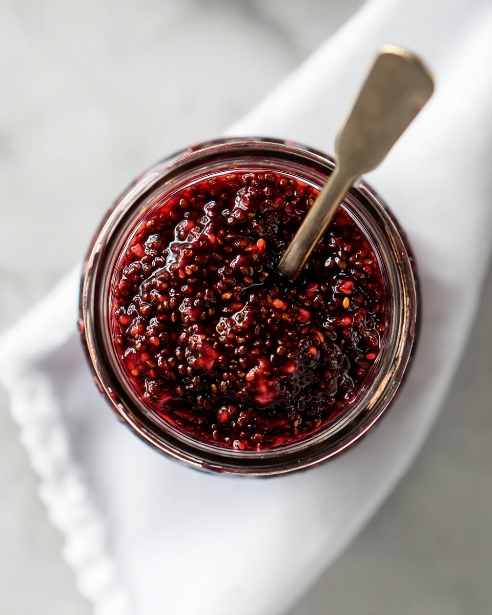 A close-up top view of a glass jar filled with thick dark red jam, showing many small seeds mixed in the uneven, shiny texture. A silver spoon is placed inside the jar on the right side, partially submerged in the jam. The jar is sitting on a white cloth on a white marbled surface, creating a simple and clean background. photo taken with an iphone --ar 4:5 --v 7