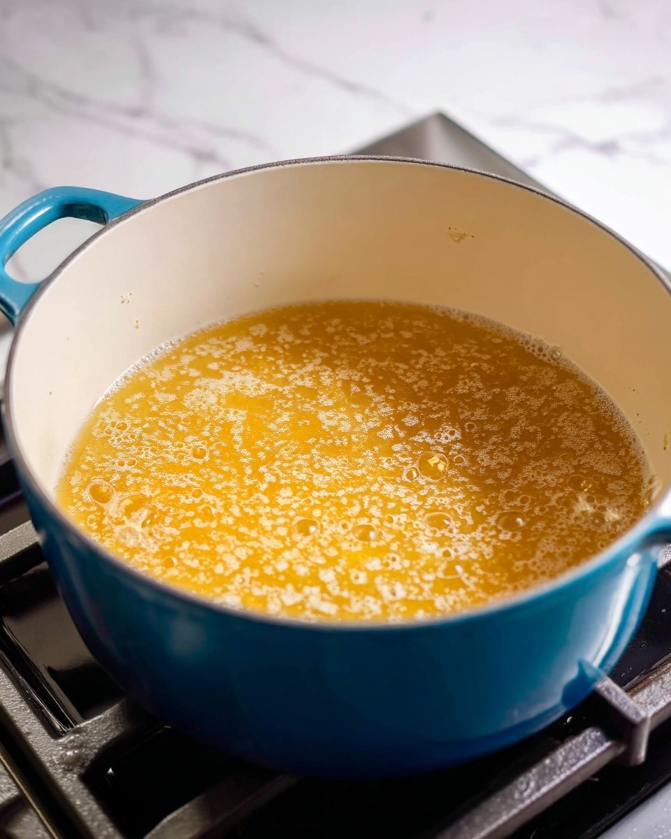 A close-up of a blue enamel pot on a stove filled with yellow broth that has small bubbles and bits floating on the surface, showing a warm and gentle simmer. The inside of the pot is light cream, contrasting with the bubbly golden liquid inside. The background is a white marbled texture. photo taken with an iphone --ar 4:5 --v 7