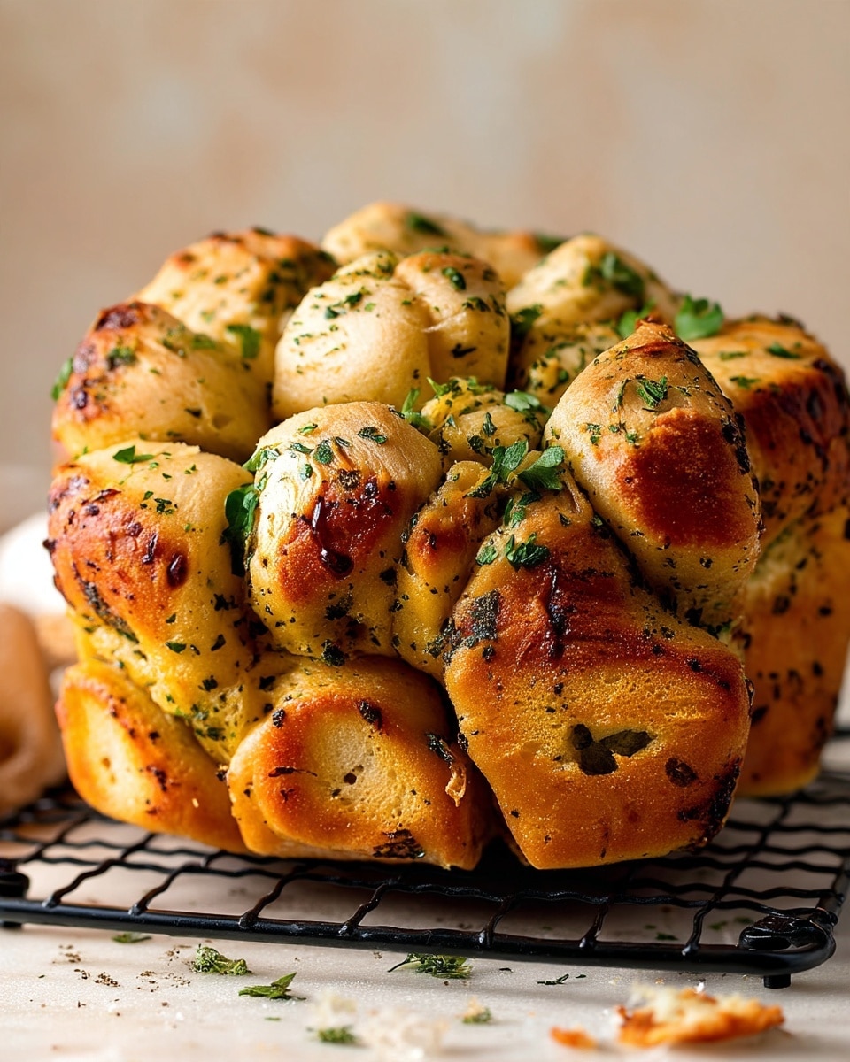 The image shows a fluffy, round pull-apart garlic bread loaf sitting on a light wooden board, with its top and sides golden brown and sprinkled with green herbs. The bread is torn open slightly in the middle, revealing soft white inside with small bits of garlic and herbs scattered throughout. Near the loaf, there is a piece torn off placed on a small white plate in the background, with another small piece beside it. The whole scene is set on a white marbled surface with a soft focus background. photo taken with an iphone --ar 4:5 --v 7