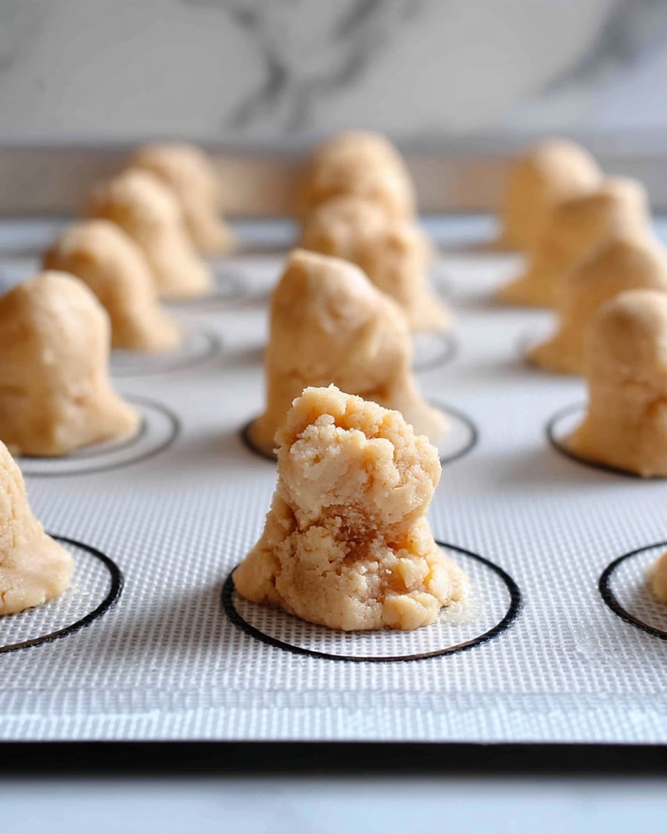 The image shows several small mounds of light beige dough with a soft, crumbly texture, each standing upright on a white silicone baking mat that has black circular patterns. The dough pieces appear uneven in shape with slightly rough, grainy surfaces and some small cracks and darker spots. They are arranged in neat rows, stretching back into the distance, with the closest ones in focus. The background is a white marbled texture. photo taken with an iphone --ar 4:5 --v 7