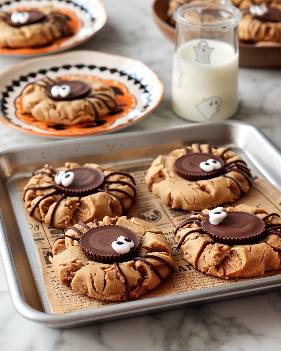 The image shows large round cookies with a cracked light brown surface placed on a silver tray lined with printed parchment paper and on two white plates with orange and black Halloween-themed designs. Each cookie has a large chocolate candy in the center, decorated with two white and black candy eyes, creating a spider face look. Thin lines of drizzled dark chocolate extend from the chocolate candy to the edges of the cookie, representing spider legs. The scene is set on a white marbled table with a glass of milk nearby. photo taken with an iphone --ar 4:5 --v 7