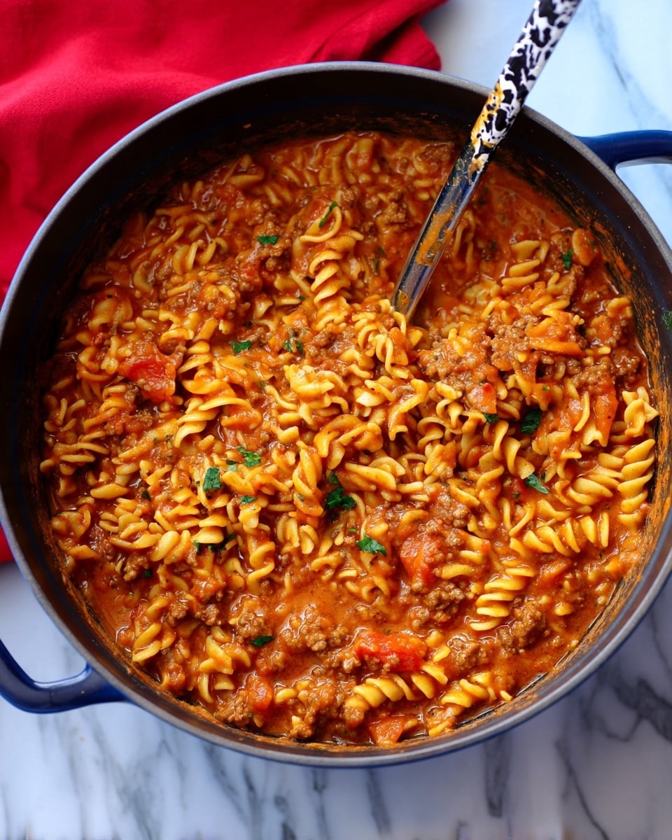 Lasagna Soup Recipe 4 A large dark blue pot filled with thick pasta sauce with spiral noodles mixed in. The sauce is a rich orange-red color with visible chunks of ground meat and small pieces of tomatoes, with some green herb bits on top. A black and white patterned spoon is inside the pot, partially covered in sauce. The pot sits on a white marbled surface with a red cloth in the background. Photo taken with an iphone --ar 4:5 --v 7