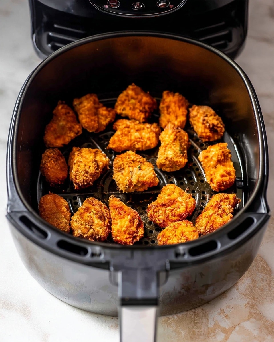 Inside a black air fryer basket, there are about eighteen small pieces of crispy, golden-brown breaded chicken evenly spread out. Each piece has a rough, crunchy texture with an orange-brown color that shows they are well-cooked. The basket has small holes allowing air to flow, and the outer part of the air fryer is also black with a silver latch on the front. The whole scene is on a white marbled surface. photo taken with an iphone --ar 4:5 --v 7
