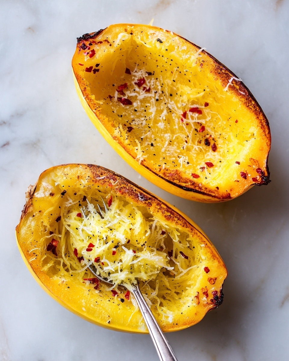 Two halves of roasted spaghetti squash rest on a white marbled surface. Each oval-shaped half has a golden-yellow interior with a slightly browned edge, showing a cooked, soft texture. The top half is plain with small red chili flakes sprinkled lightly. The bottom half contains stringy strands of spaghetti squash mixed with grated white cheese, a dash of black pepper, and some red chili flakes. A silver spoon is scooping out the strands from the bottom half, sticking out towards the viewer. The overall look is warm and rustic. Photo taken with an iphone --ar 4:5 --v 7