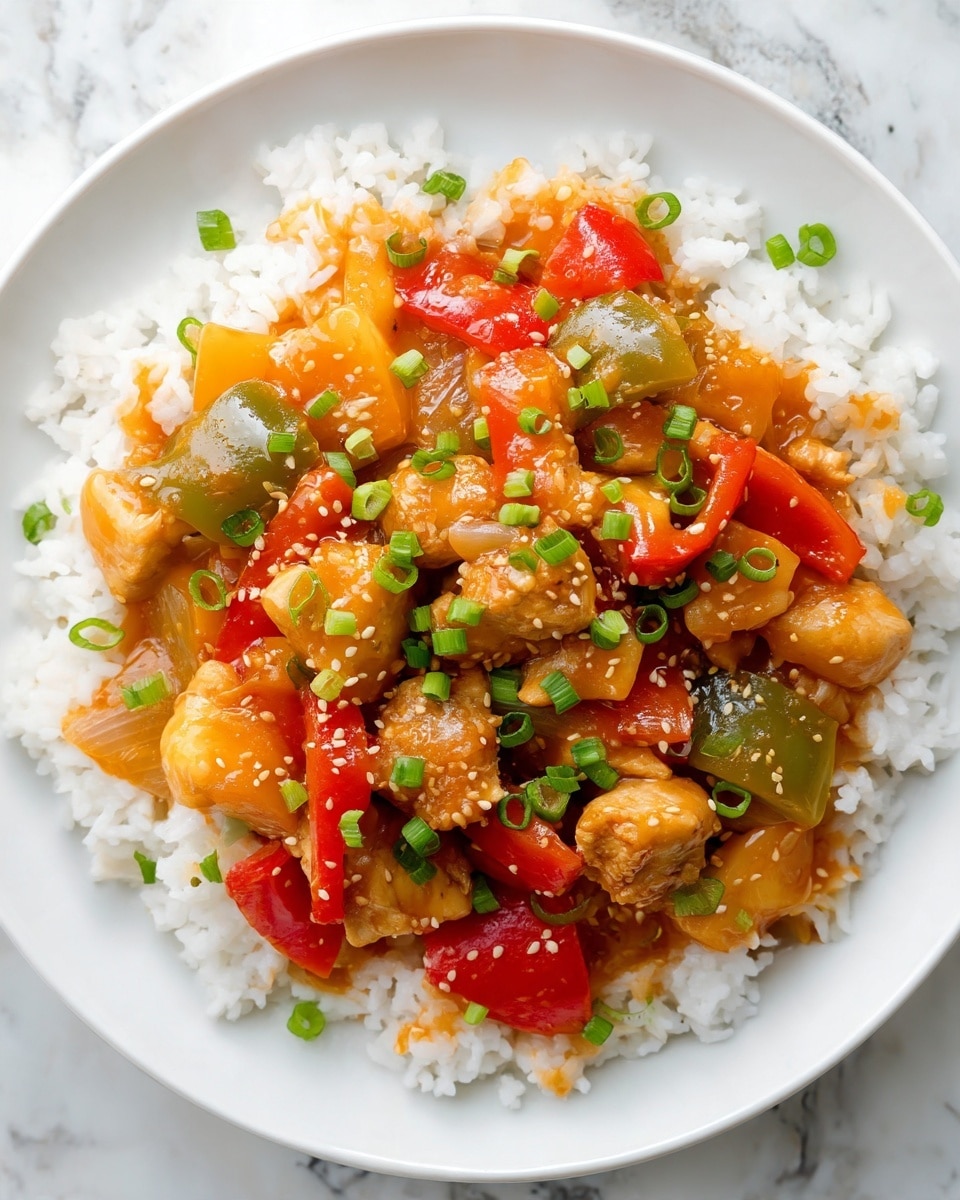 Sweet Hawaiian Crock-Pot Chicken Recipe 4 A close-up of a dish showing several thick orange sauce-covered layers with small, uneven chunks of light brown meat scattered throughout. Mixed in are bright, colorful pieces of red and green bell peppers and translucent pale onion slices, all coated in the thick, shiny orange sauce. A gray spoon is lifting a scoop, showing the layers and different textures of the meat and vegetables in the rich sauce. The background is a white marbled texture photo taken with an iphone --ar 4:5 --v 7