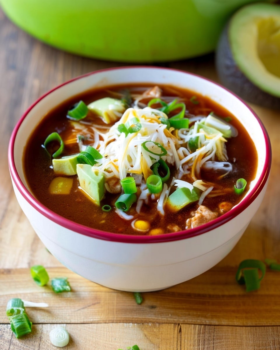 The image shows a bowl of soup with a red rim filled with broth that is reddish-brown in color with pieces of shredded chicken, black beans, diced green avocado, chopped green onions, small bits of red and yellow bell peppers, and some melted white cheese on top. The bowl has a spoon with a textured metal handle resting inside. Nearby there is a green pot filled with more soup and a stack of white bowls with colored rims and a spoon inside the top bowl, all placed on a wooden surface. The background surface is a white marbled texture with some chopped green onions scattered around. Photo taken with an iphone --ar 4:5 --v 7