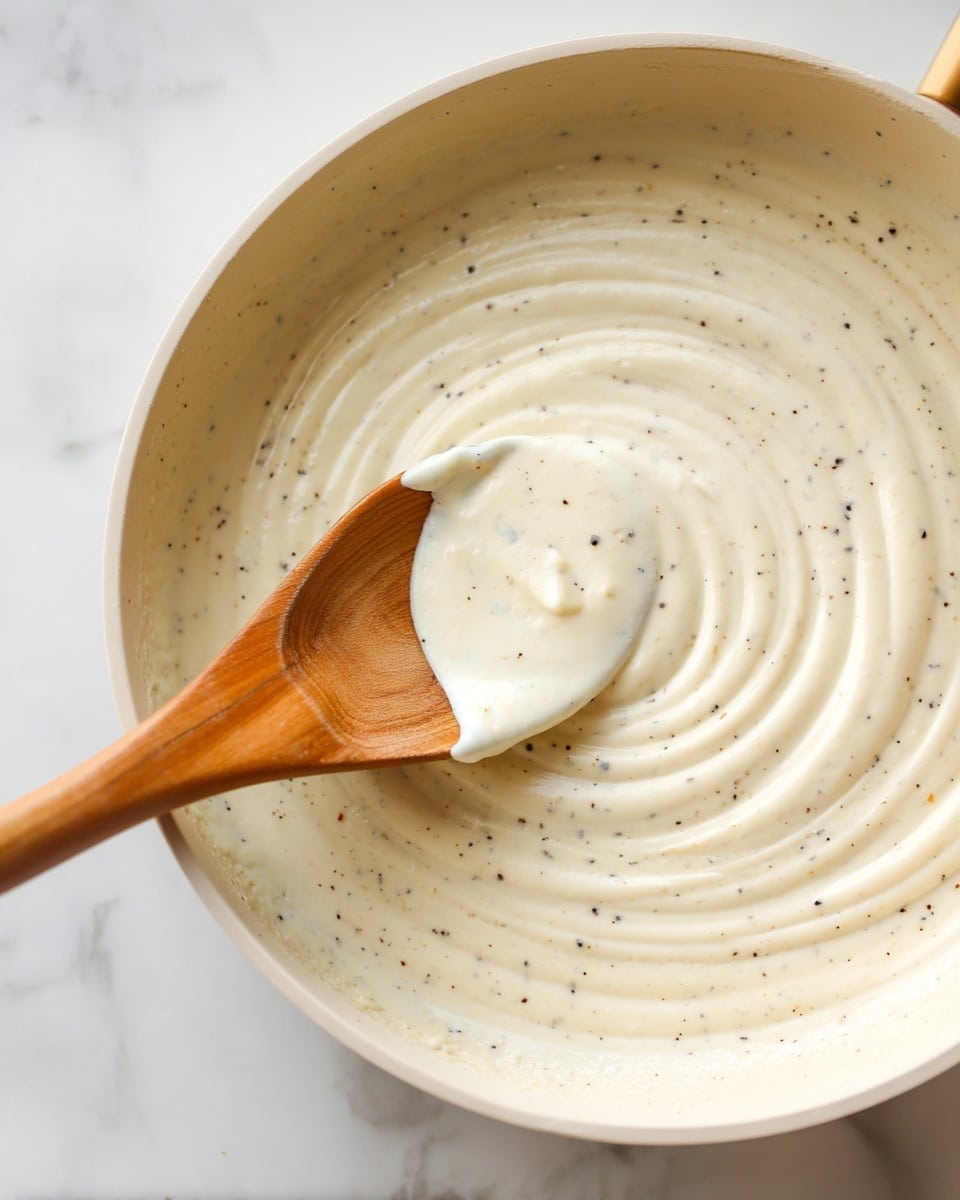 Easy Homemade Alfredo Sauce Recipe 4 A close-up view of a creamy white sauce with small black spice specks stirred inside a light-colored pan, the sauce's smooth and thick texture is shown with gentle swirls across the surface. A wooden spoon with a rounded end lifts some sauce, displaying its slightly dense consistency. The pan rests on a white marbled surface, emphasizing the sauce’s soft pale tone and the natural wood of the spoon. photo taken with an iphone --ar 4:5 --v 7