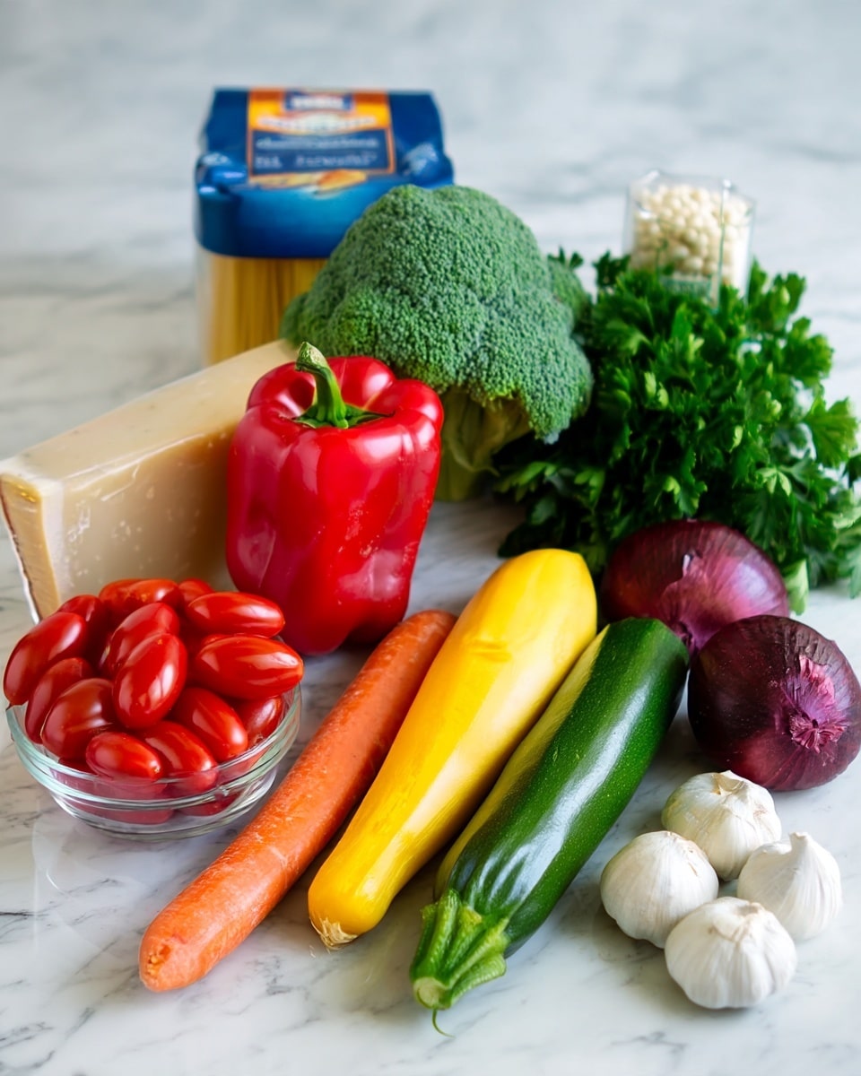 A white marbled surface holds a variety of fresh ingredients arranged in a row. Starting from the left, a clear glass bowl is filled with small, shiny red grape tomatoes. Next to it is a bright red bell pepper, followed by an orange carrot slightly angled forward. Beside the carrot, a bright yellow squash and a green zucchini lie side by side. Behind these vegetables, a dark green broccoli crown stands tall. To the right of the zucchini, a bunch of fresh green parsley rests flat. At the far right, a whole red onion sits near three peeled white garlic cloves. In the background, a block of light beige cheese, a blue package of pasta, and a transparent jar with a yellow label complete the scene. The surface and backdrop are white marble. photo taken with an iphone --ar 4:5 --v 7