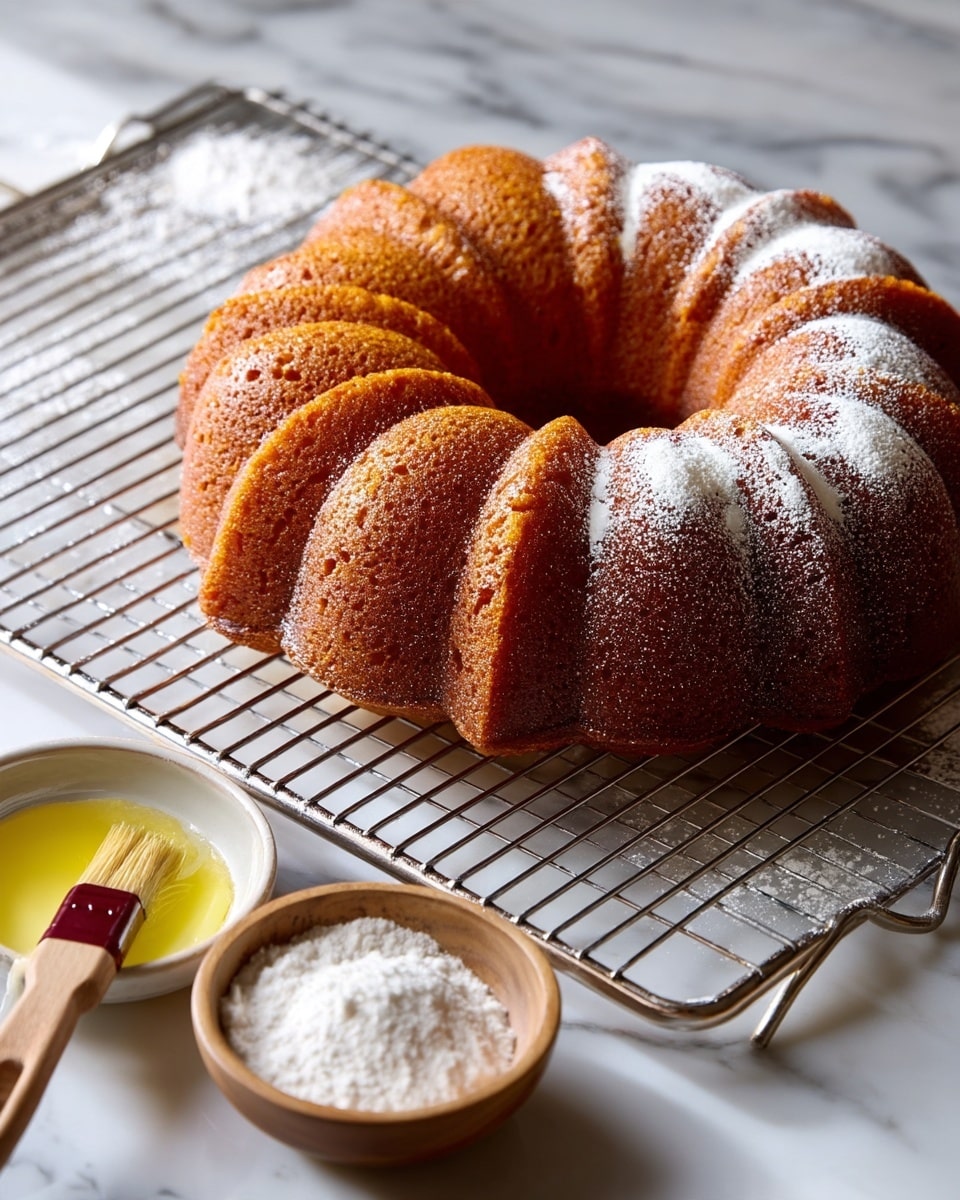 Apple-Cider Donut Cake Recipe 5 A golden-brown bundt cake with a ridged, circular shape sits on a metal cooling rack placed on a white marbled surface. The cake has a light dusting of white powdered sugar, more concentrated on one side, giving it a slight contrast in texture. On the baking sheet near the cake, there is a small white bowl with melted butter and a brush resting inside it, the brush handle is wooden with a dark red tip. Next to it, there is a small wooden bowl filled with white powdered sugar. photo taken with an iphone --ar 4:5 --v 7