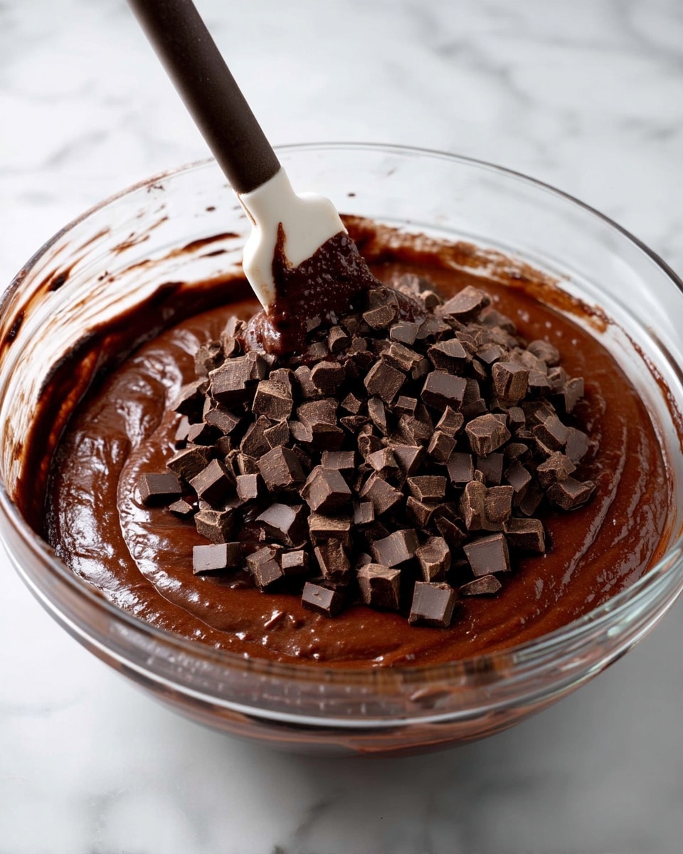 A clear glass bowl is filled with thick, dark brown chocolate batter, showing a smooth and rich texture. On top of the batter, there is a heap of small, uneven dark chocolate chunks. A white silicone spatula with a dark brown handle is dipped in the batter on the left side of the bowl, with some batter clinging to it. The bowl is placed on a white marbled surface. photo taken with an iphone --ar 4:5 --v 7