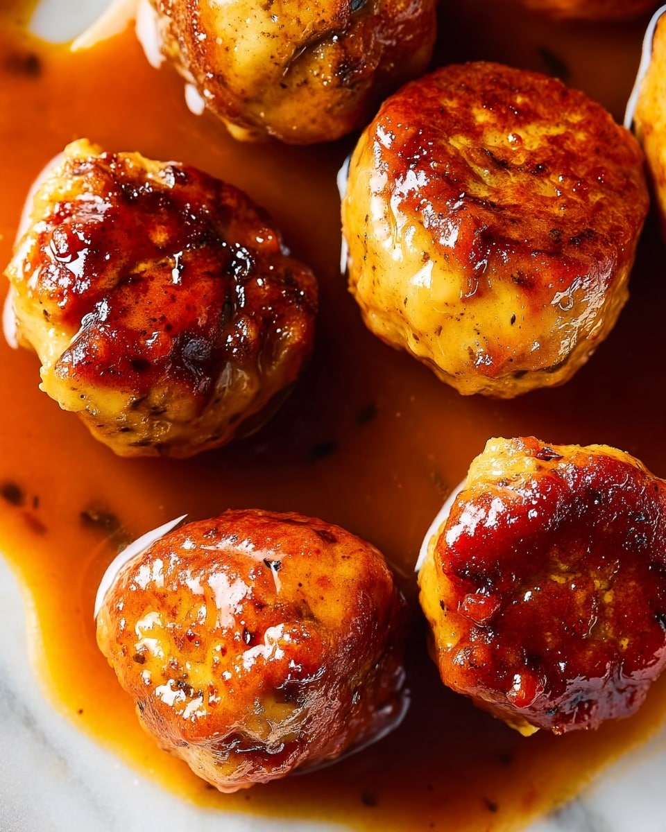 The image shows six shiny brown meatballs with a glazed sauce, placed on a white plate. Five meatballs are whole and evenly spaced, while one in the front is split open, showing a soft, light beige inside texture. A fork is gently holding the opened meatball on the right side. The sauce pools around the meatballs, giving a glossy look to the dish on a white marbled surface. photo taken with an iphone --ar 4:5 --v 7