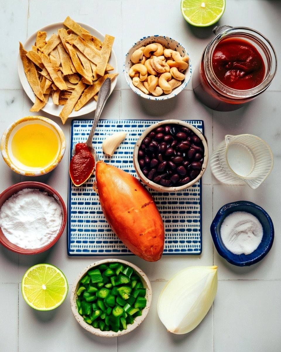 The image shows several ingredients carefully placed on a white marbled surface. At the center is a small white square plate with a blue dotted pattern holding a whole orange sweet potato and a small round white bowl filled with dark black beans. Above the plate, a white bowl with blue floral designs is filled with light beige cashew nuts. To the left, there is a round white plate piled with light brown crispy tortilla strips, and next to it, a spoon with bright red sauce. Below the plate, an open half of a green lime rests beside a small white bowl containing bright green diced bell peppers. On the right side of the image, a glass jar holds dark red sauce, and just below it is a white onion cut in half. Scattered around are small bowls filled with different powders and liquids, including bright yellow oil, white salt, and a milky white liquid. A single clove of white garlic lies on the blue patterned plate, between the spoon and the bowl of black beans. Photo taken with an iphone --ar 4:5 --v 7