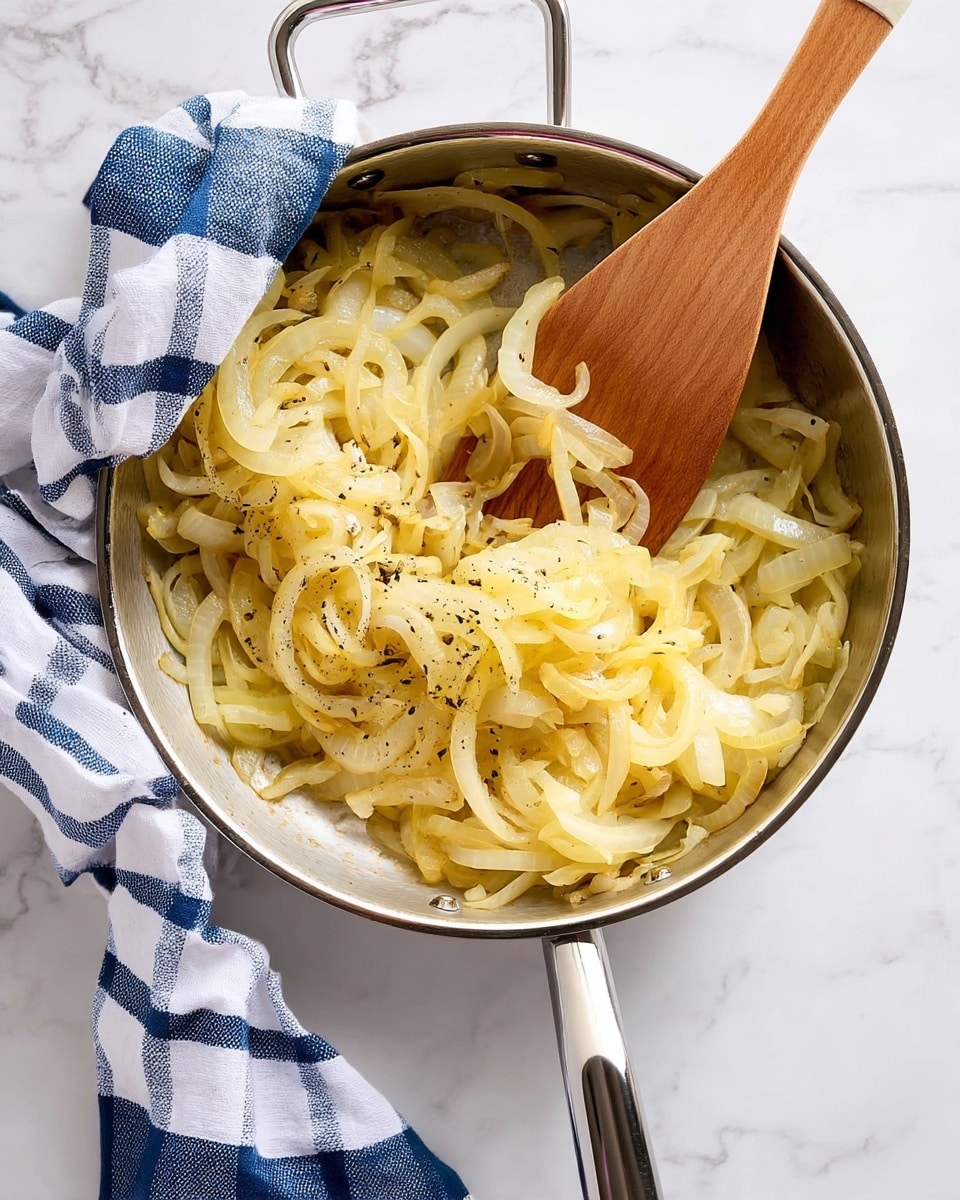 A stainless steel pan filled with many cooked onions that are soft and light yellow in color, showing sliced layers with some black pepper sprinkled on top. A wooden spatula with a light cream handle rests inside the pan lifting some of the onions, and the pan handle is wrapped in a white and blue checkered cloth. The pan is placed on a white marbled surface. photo taken with an iphone --ar 4:5 --v 7