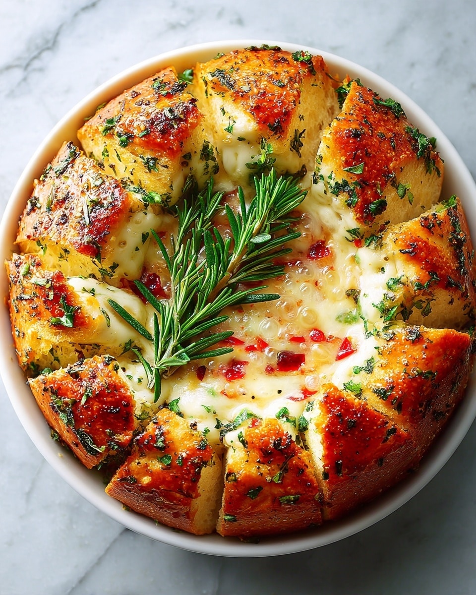 A round black skillet holds a ring of 12 golden-brown bread rolls sprinkled with green herbs on top, arranged close together to form a circular border. Inside the ring, melted cheese fills the center with small red chili pieces scattered throughout. Three sprigs of fresh green rosemary lay on top of the cheese in the middle. The skillet is placed on a white marbled surface. photo taken with an iphone --ar 4:5 --v 7