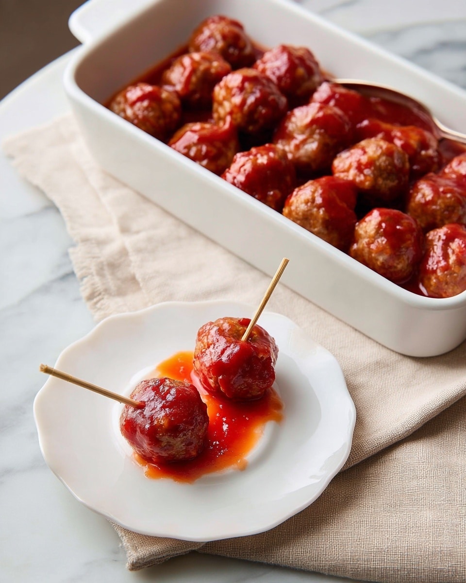 A rectangular white dish filled with a single layer of small brown meatballs covered in a shiny red sauce, with a silver spoon resting inside lifting two meatballs; next to it, a white plate holds two meatballs skewered with a wooden toothpick, also covered in the same sauce, all placed on a light beige cloth on a white marbled surface photo taken with an iphone --ar 4:5 --v 7