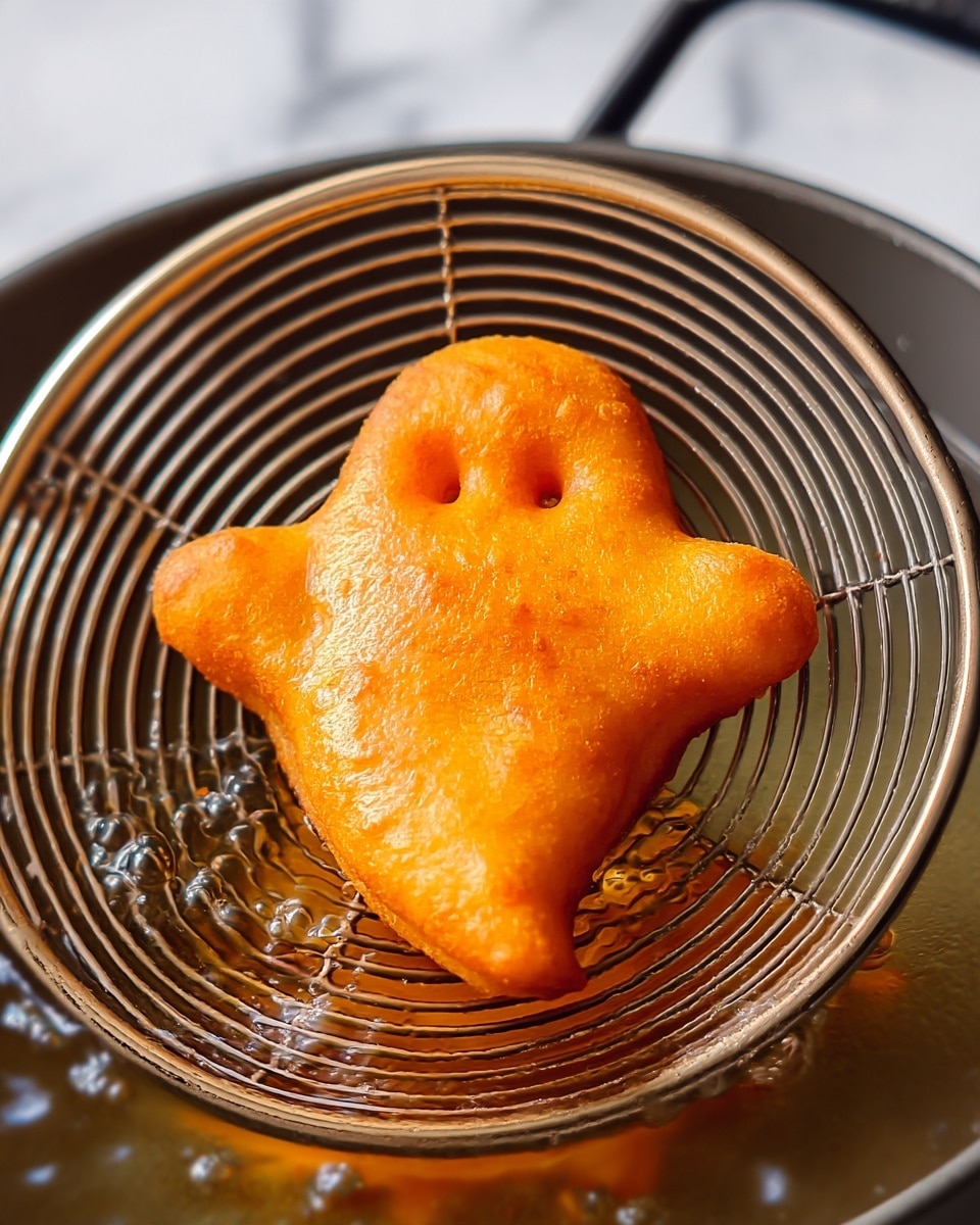 A single bright orange, ghost-shaped fried snack with two small round holes for eyes, held above hot bubbling oil in a round metal skimmer with concentric circular wires, all inside a large metal pot. The fried ghost has a slightly puffy texture and smooth surface with rounded edges, showing it freshly cooked. The background is a white marbled texture. photo taken with an iphone --ar 4:5 --v 7