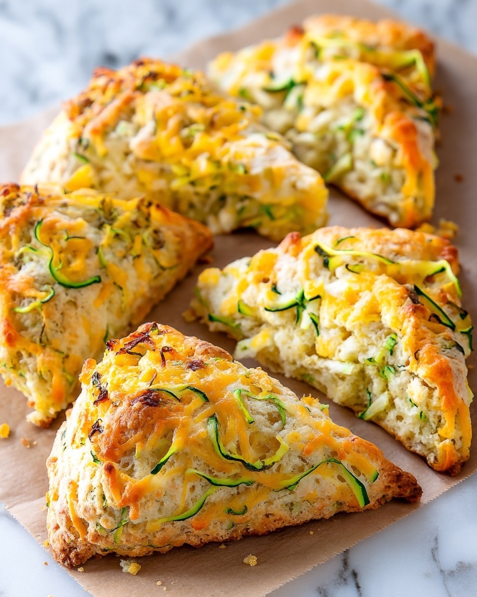 The image shows close-up triangular scones arranged on a baking tray with parchment paper. Each scone has a rough, crumbly texture with visible green bits of herbs or zucchini mixed throughout the golden-baked dough. The top layer is a melted yellow cheese with some browned spots and a few browned herb strands scattered on the surface. The inside layers of the scones are pale with a slightly dense texture, and the edges are lightly browned. The background is a white marbled texture. photo taken with an iphone --ar 4:5 --v 7