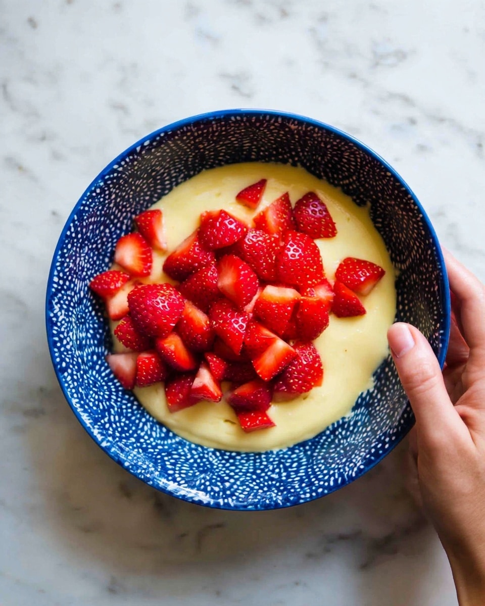 A blue patterned bowl on a white marbled surface holds a creamy yellow base layer that looks smooth and thick, topped with many small bright red pieces of fresh strawberries scattered evenly in the center. A woman's hand is gently reaching from the right side, appearing to touch or move the strawberries. photo taken with an iphone --ar 4:5 --v 7