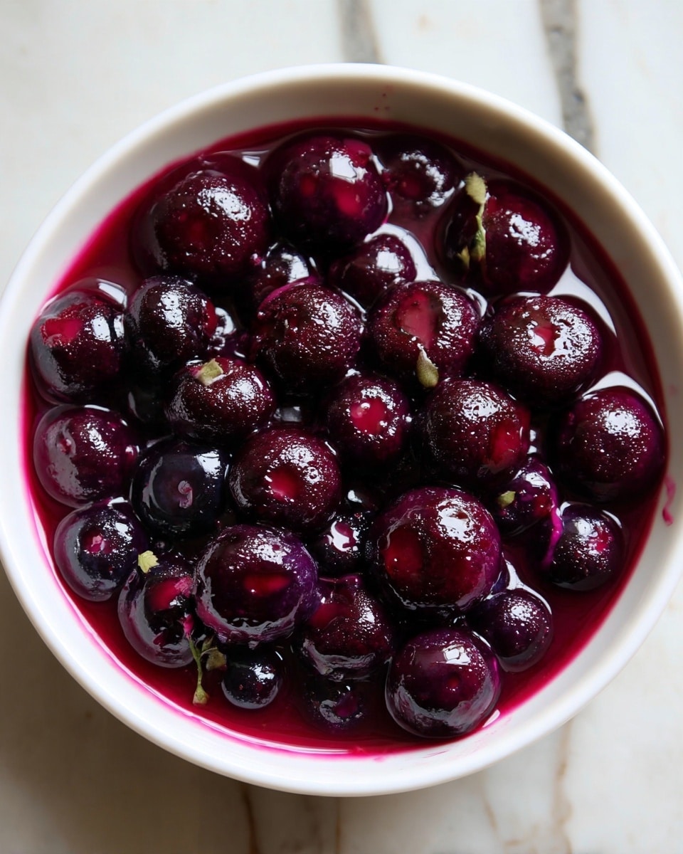 Vegan Blueberry Ghost Hand Pies Recipe 1 The image shows a close-up of dark purple and shiny cooked blueberries in a white bowl, with the berries sitting in a thick, deep magenta juice. The blueberries are plump and glossy, filling the bowl almost to the top, with a few berry skins and juice splashes visible on the inner edge. The texture of the blueberries looks soft and moist, and the liquid appears syrupy. The background is a white marbled surface. Photo taken with an iphone --ar 4:5 --v 7