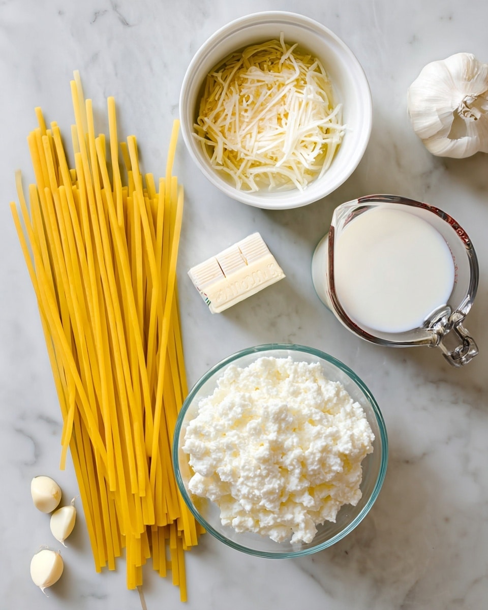 The image shows dry yellow spaghetti pasta laid out flat on a white marbled surface. Nearby, there is a white bowl filled with shredded pale yellow cheese, a small white wrapped stick of butter, two peeled garlic cloves, and a metal teaspoon with white powder on it. Next to these is a clear glass bowl holding white cottage cheese and a clear glass measuring cup filled with white milk. The items are arranged neatly for a cooking preparation shot, all placed on the white marbled background. photo taken with an iphone --ar 4:5 --v 7
