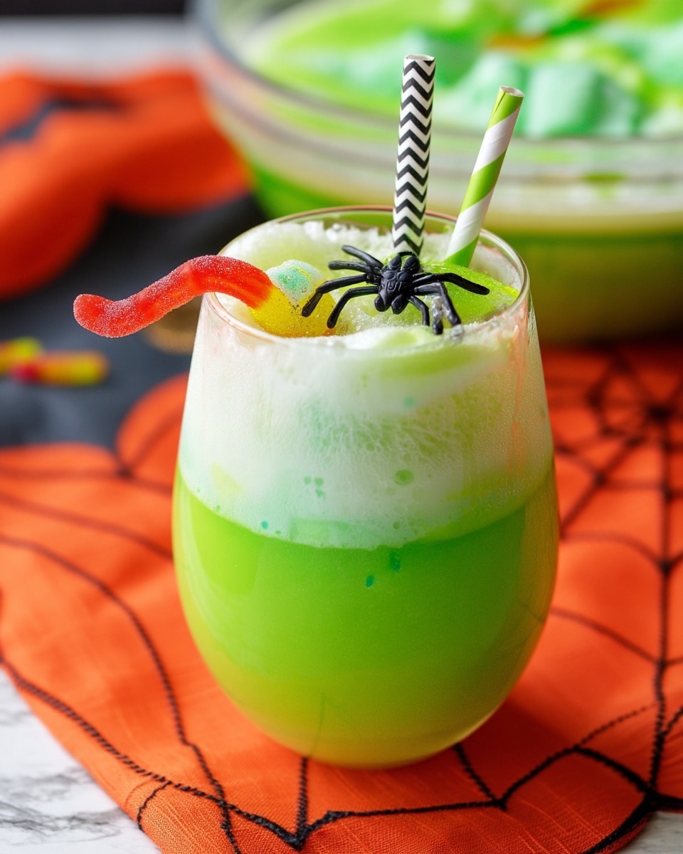 The image shows a clear glass bowl filled with a foamy, bright green mixture that has a light, airy texture. On top of the green foam, there are three pale mint green scoops that look soft and creamy. A colorful gummy worm with red, yellow, and green stripes lies partially buried in the foam near the center of the bowl. Next to the gummy worm, a small black plastic spider sits on the foam’s surface, adding a spooky touch. A silver spoon is placed inside the bowl, touching the foam near the spider. The bowl is set on an orange cloth with a black grid pattern, and the background has a white marbled texture. Photo taken with an iphone --ar 4:5 --v 7