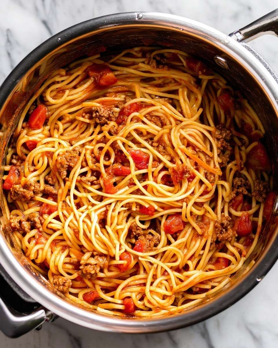 A close-up view of a stainless steel pot filled with cooked spaghetti mixed with ground meat and small chunks of tomatoes in a light red sauce. The noodles are long and slightly tangled throughout the pot, with the sauce evenly coating them along with pieces of meat and tiny tomato bits scattered all around. The pot itself is inside a black outer casing, placed on a white marbled surface. The dish looks warm and ready to serve, with a casual mix of textures from the soft pasta and chunky meat pieces. Photo taken with an iphone --ar 4:5 --v 7