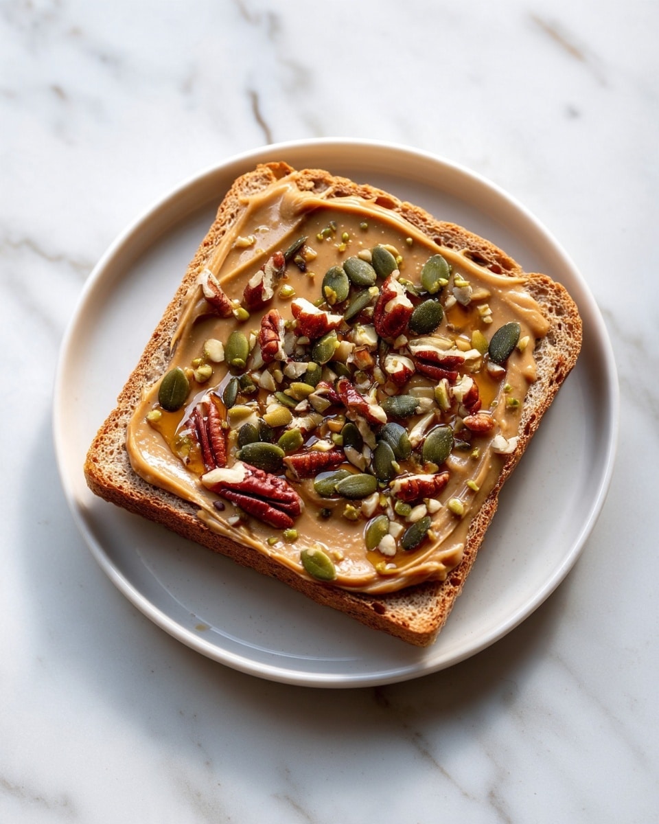 A single slice of toasted whole grain bread is placed on a round white plate, which rests on a white marbled surface. The toast is thickly spread with a creamy light brown peanut butter layer. On top of the peanut butter, there are scattered pumpkin seeds, chopped pecans, and some small bits of sunflower seeds, adding a mix of green, brown, and beige textures and colors. The peanut butter has a slightly ridged texture from spreading. A light drizzle of honey glistens over the nuts and seeds, creating a shiny contrast against the matte peanut butter. Photo taken with an iphone --ar 4:5 --v 7