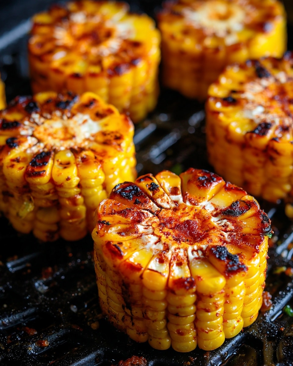 The image shows several slices of grilled corn with a golden yellow color and charred brown marks scattered on the surface. The corn is cut into thick rounds and one piece is standing on its side, showing the bright yellow kernels closely packed. The texture looks slightly crisp on the edges from grilling. The background is a black grill pan with circular cut-out patterns. The overall look is warm and appetizing with a balance of bright yellow and darker roasted spots photo taken with an iphone --ar 4:5 --v 7