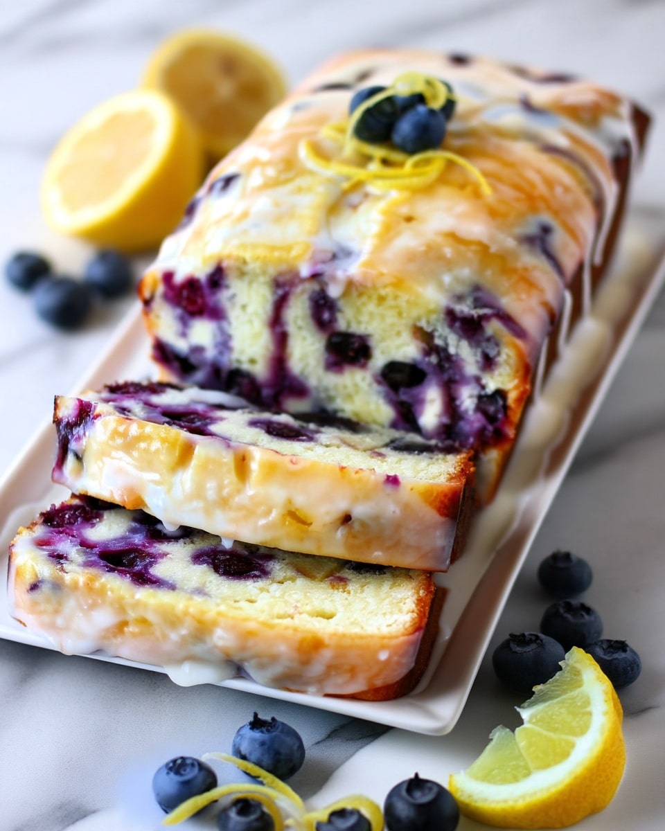 The image shows two slices of yellow cake with purple and dark red berry swirls inside, placed on a white plate. The cake texture looks soft and moist with a slightly browned crust at the bottom. Next to the slices, there are whole blueberries and a lemon wedge with a twist of lemon peel. In the background, there is a white rectangular plate with more cake, some scattered blueberries, and another lemon wedge, all set on a white marbled surface. The lighting is bright, highlighting the colors and texture of the cake. Photo taken with an iphone --ar 4:5 --v 7