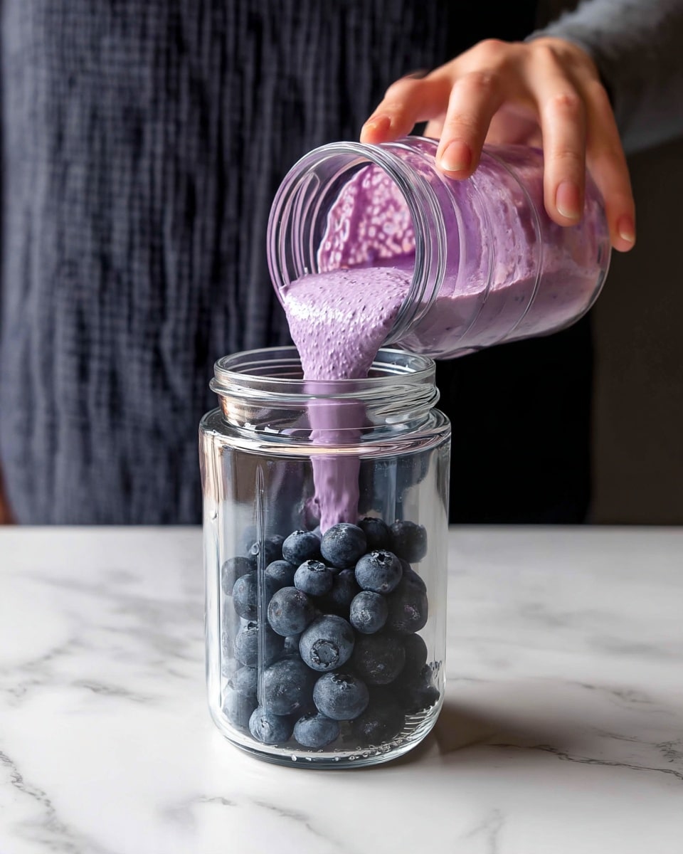 A clear glass jar is shown with a base layer of fresh, round blueberries at the bottom, their deep blue color standing out. Above this, a thick, light purple mixture with a textured, slightly bumpy surface is poured into the jar from a clear container held by a woman's hand. The background features a white marbled surface with a person wearing a dark, textured garment standing behind. The scene is focused on the flow of the creamy purple layer into the jar, capturing a moment of preparation. photo taken with an iphone --ar 4:5 --v 7