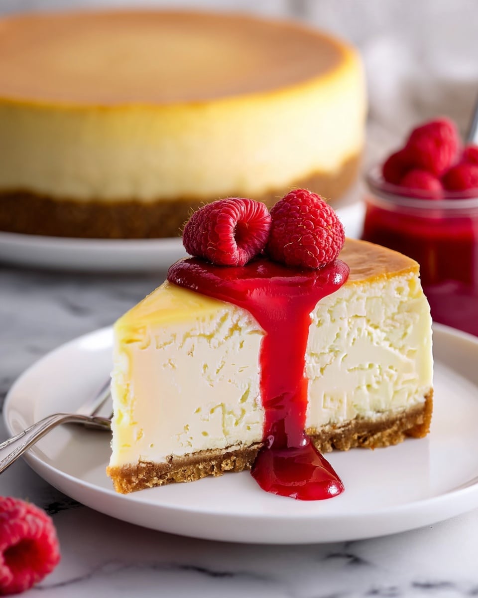 A single slice of creamy light yellow cheesecake sits on a white plate, showing three layers: a crumbly brown crust at the bottom, a thick smooth pale yellow cream cheese layer in the middle, and a thin light golden top layer. A bright red raspberry sauce softly flows from the top of the slice down the front, with two fresh red raspberries placed on top of the sauce. In the background, a full cheesecake with the same layers is partially blurred. Behind the cheesecake, there is a glass jar filled with the same red raspberry sauce, and a small pile of fresh raspberries, all set on a white marbled surface with a soft natural light. photo taken with an iphone --ar 4:5 --v 7