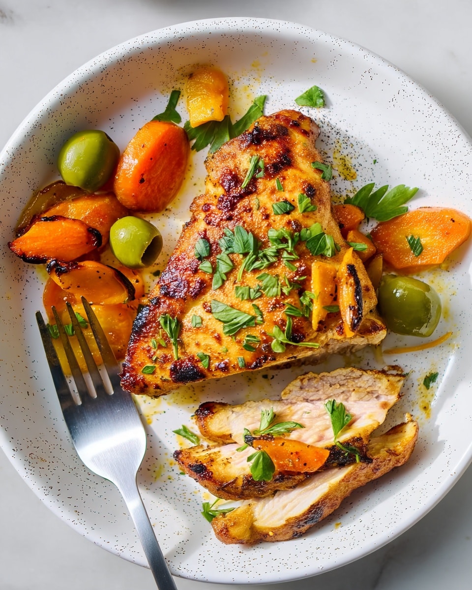 On a white speckled plate, there is one main triangular piece of grilled chicken with a golden-brown, slightly charred surface, topped with small bright green parsley leaves and scattered pieces of yellow grilled pepper. Surrounding the chicken are roasted orange carrot slices and whole green olives, adding contrast in color. On the lower part of the plate, two slices of the chicken are shown, revealing juicy, tender light pinkish meat inside with a darker brown crust on the edges. A silver fork rests on the left side near the carrot pieces. The plate sits on a white marbled textured surface. Photo taken with an iphone --ar 4:5 --v 7