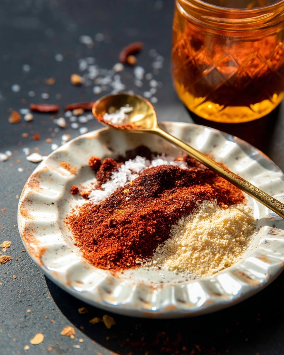 A small white plate with ridged edges holds a mix of spices in three visible layers: a base of light beige powder, a middle layer of dark red powder, and scattered white coarse flakes on top. A golden spoon rests on the plate, filled with a small heap of the same spice mix. The plate is set on a dark surface with some spice granules scattered around. In the upper right corner, an amber glass jar casts a warm light onto the scene. The overall setting is bright with natural sunlight. Photo taken with an iphone --ar 4:5 --v 7