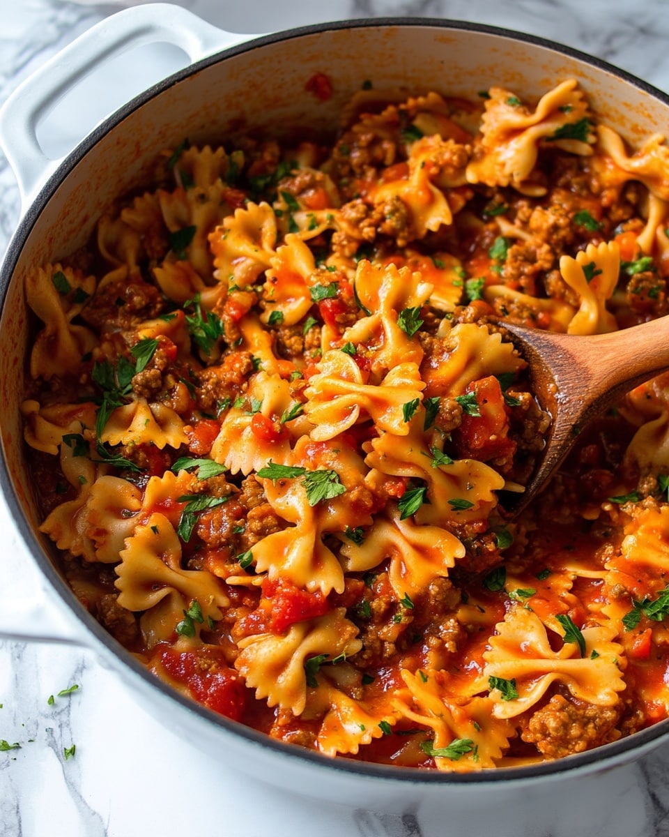 A large white pot filled with bright orange bowtie pasta mixed with a chunky red tomato sauce and browned ground meat, garnished with fresh green parsley pieces sprinkled on top, with a wooden spoon lifting some of the pasta and sauce. The background is a white marbled surface, and the photo has natural warm lighting. photo taken with an iphone --ar 4:5 --v 7