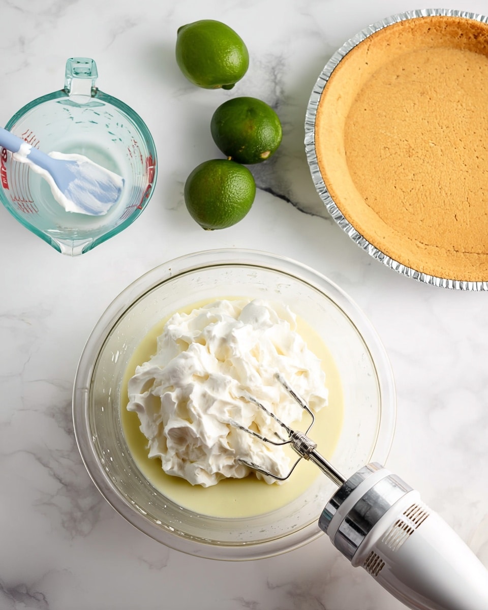 The image shows a white marbled surface with a glass bowl at the bottom filled with two layers: a pale yellow liquid base and a thick white fluffy cream on top, with a hand mixer partially inserted into the bowl. To the right, there is a white pie crust in a silver foil pan, showing a smooth golden brown surface. Near the top center, three whole limes with a deep green color rest on the surface. On the left, there is a clear glass measuring cup with a light blue silicone spatula coated with white cream inside. The setting suggests pie preparation with fresh ingredients and mixing utensils. Photo taken with an iphone --ar 4:5 --v 7
