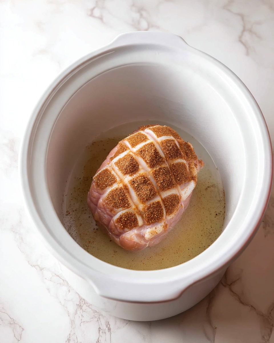 A single piece of light pink meat with a crisscross pattern on top is placed in the center inside a white ceramic slow cooker. The meat is sprinkled with a layer of light brown seasoning powder, and there is a small amount of clear liquid pooling at the bottom of the cooker. The entire scene is set on a white marbled surface. Photo taken with an iphone --ar 4:5 --v 7
