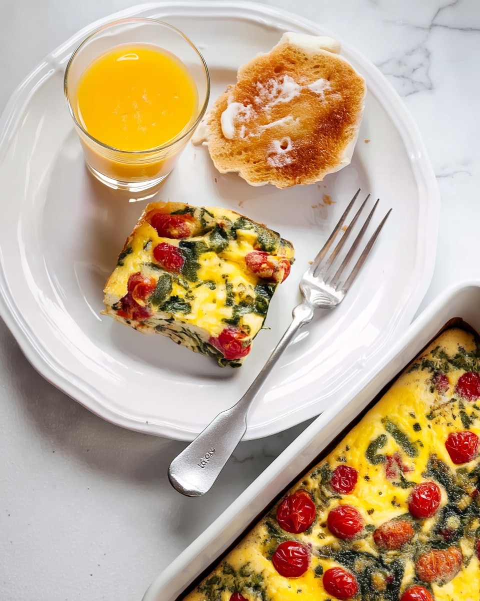 The image shows a white plate with three items positioned neatly: a thick square slice of egg dish with visible layers of yellow egg, green spinach, and scattered red cherry tomatoes on top, a small round toasted English muffin that has a golden-brown surface with a bit of melted butter, and a clear glass filled with bright orange juice placed next to the muffin. A silver fork rests on the plate beside the egg slice. To the right, a white rectangular baking dish contains more of the same egg dish, showing a similar texture of yellow eggs mixed with spinach and cherry tomatoes. The whole setup is on a white marbled surface. Photo taken with an iphone --ar 4:5 --v 7