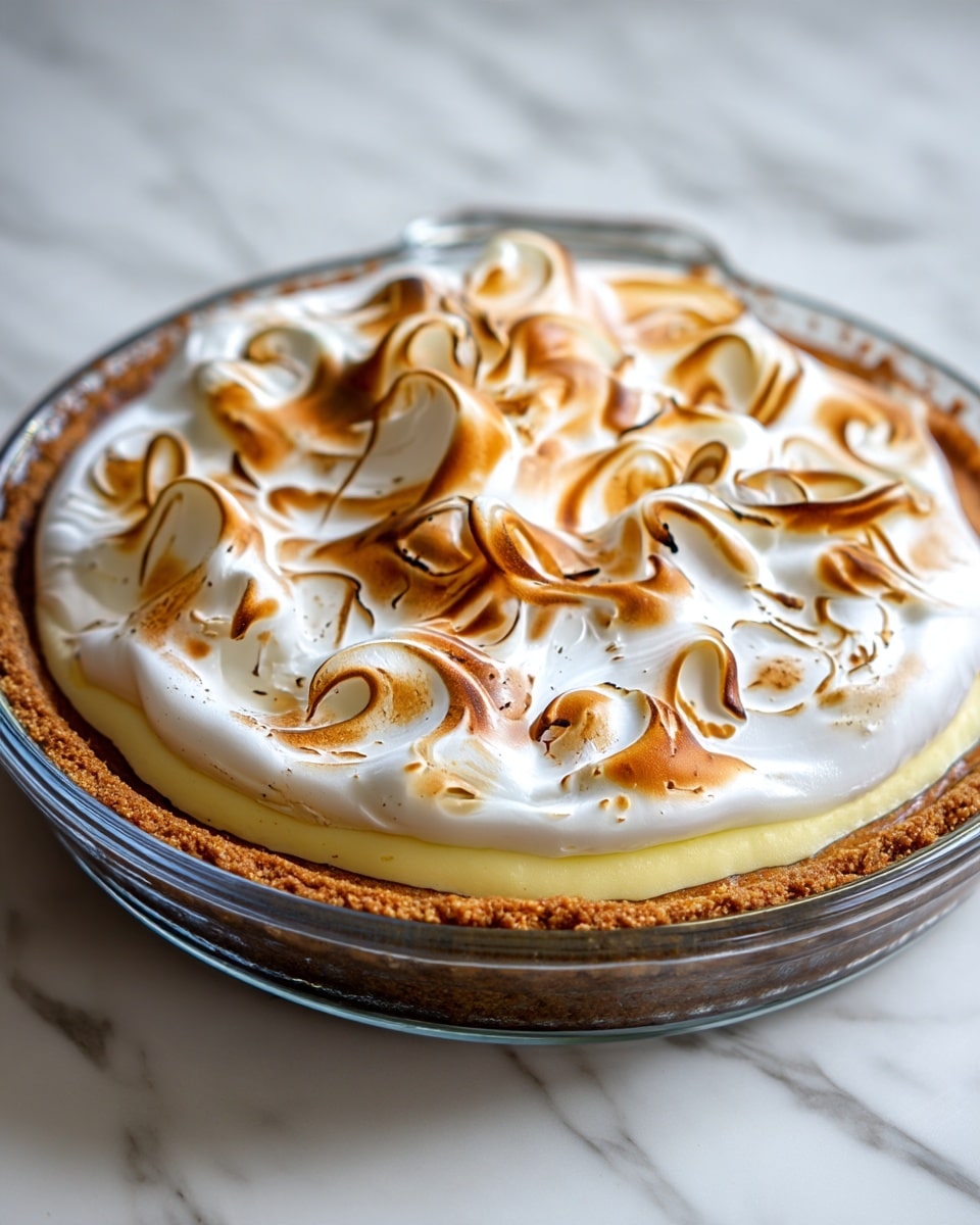 The image shows a pie with three distinct layers, placed in a clear glass dish on a white marbled surface. The bottom layer is a crunchy, brown crust that forms the base and edges of the pie. On top of the crust is a smooth, pale yellow filling layer that looks creamy and thick. The top layer is a fluffy white meringue with soft peaks that have been lightly browned in spots, creating swirled patterns of golden and light brown shades. The light from a torch is visible on the left edge, suggesting the meringue is being toasted. Photo taken with an iphone --ar 4:5 --v 7