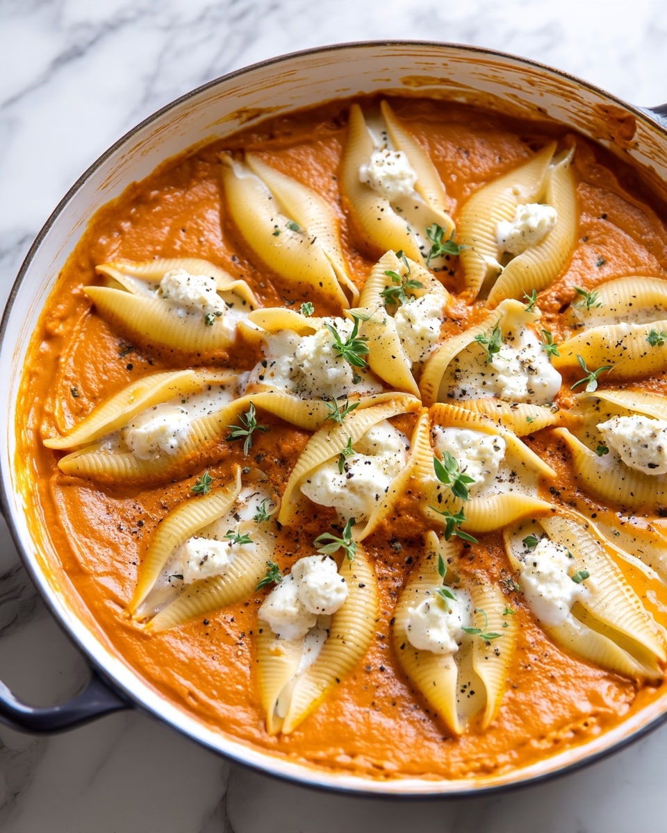 Stuffed Shells With Pumpkin Cream Sauce Recipe 5 This dish shows a single layer of large shell pasta placed on top of a thick, smooth orange pasta sauce. The shells are filled with small dollops of white cheese, some melting slightly, sprinkled with tiny green herbs and black pepper. The pasta and sauce fill a white deep pan, with a bit of sauce smudged on the sides inside the pan. The background is a white marbled texture. Photo taken with an iphone --ar 4:5 --v 7